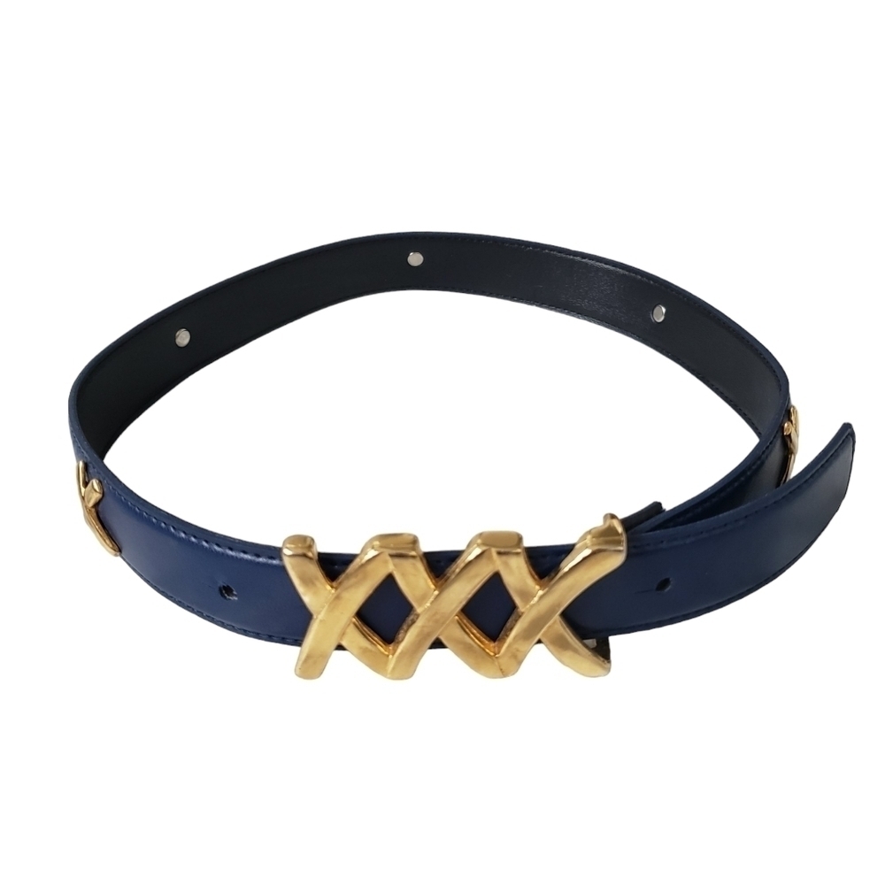 Vintage Couture Emmanuel Blue Belt Gold Tone X Buckle